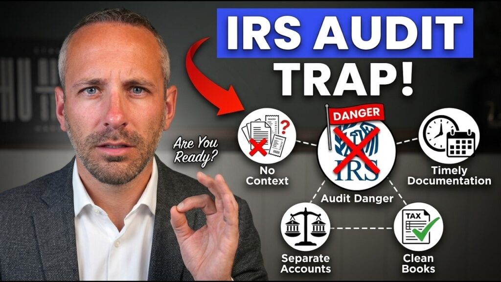 Mike Jesowshek beside “IRS Audit Trap!” text and graphics highlighting timely documentation, separate accounts, clean books, and missing expense context.