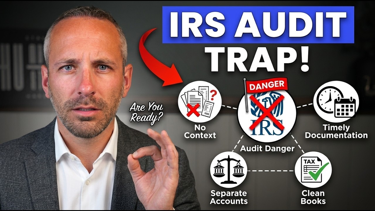 Mike Jesowshek beside “IRS Audit Trap!” text and graphics highlighting timely documentation, separate accounts, clean books, and missing expense context.