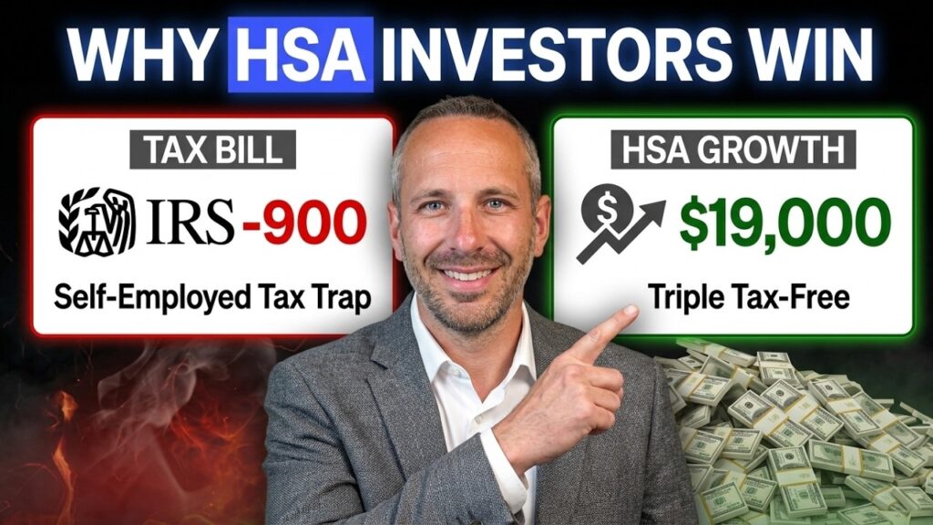 Podcast thumbnail reading “Why HSA Investors Win,” with the host pointing toward an HSA growth graphic beside a contrasting tax bill graphic.