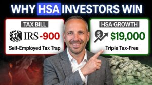 Podcast thumbnail reading “Why HSA Investors Win,” with the host pointing toward an HSA growth graphic beside a contrasting tax bill graphic.
